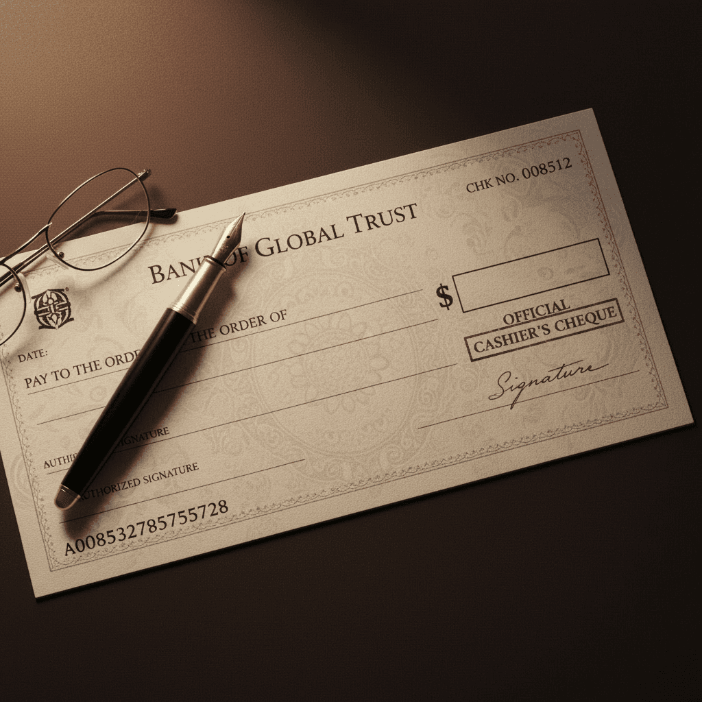 A cashier's cheque with a fountain pen and wire-rim glasses on a dark leather surface.