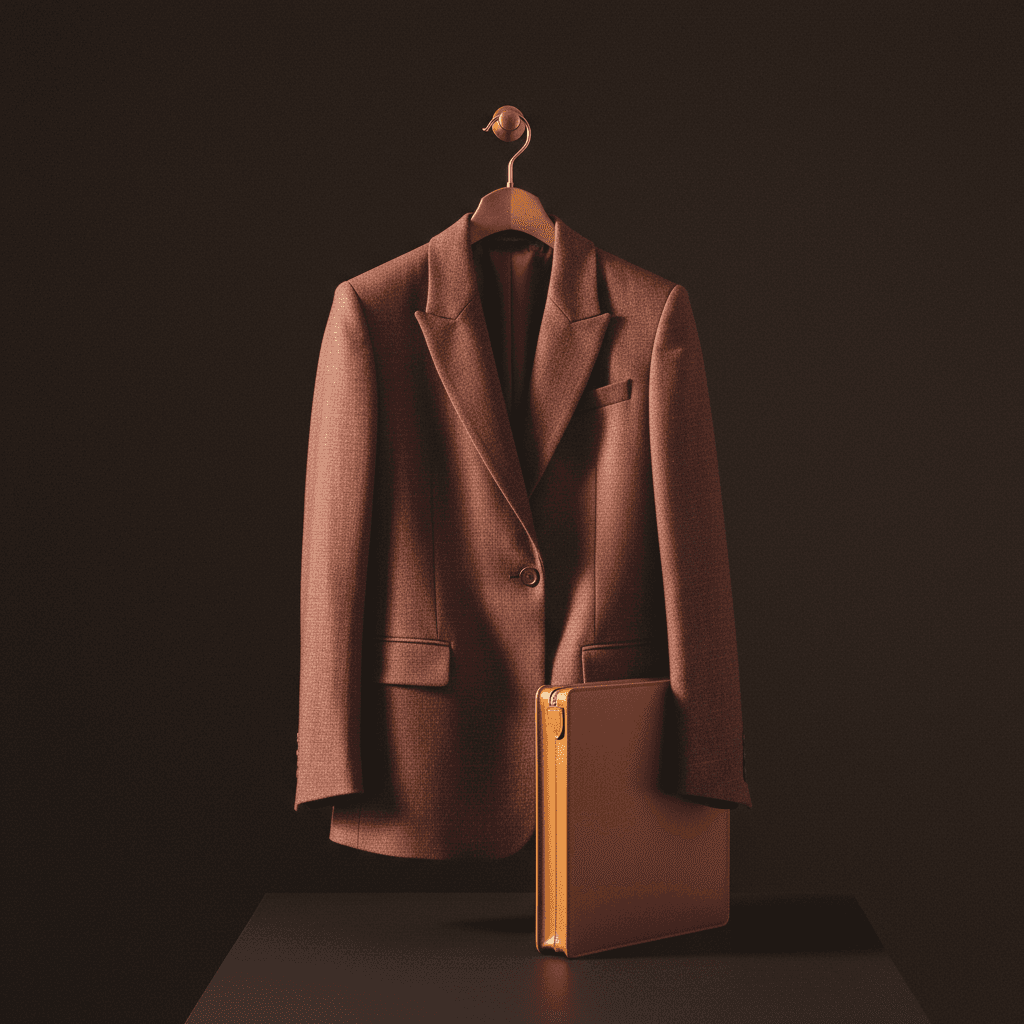 A tailored blazer on a brass hanger above a leather portfolio, lit against near-black.