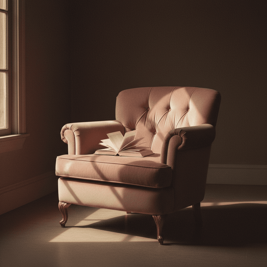 A blush velvet reading chair holding an open book in a shaft of window light.