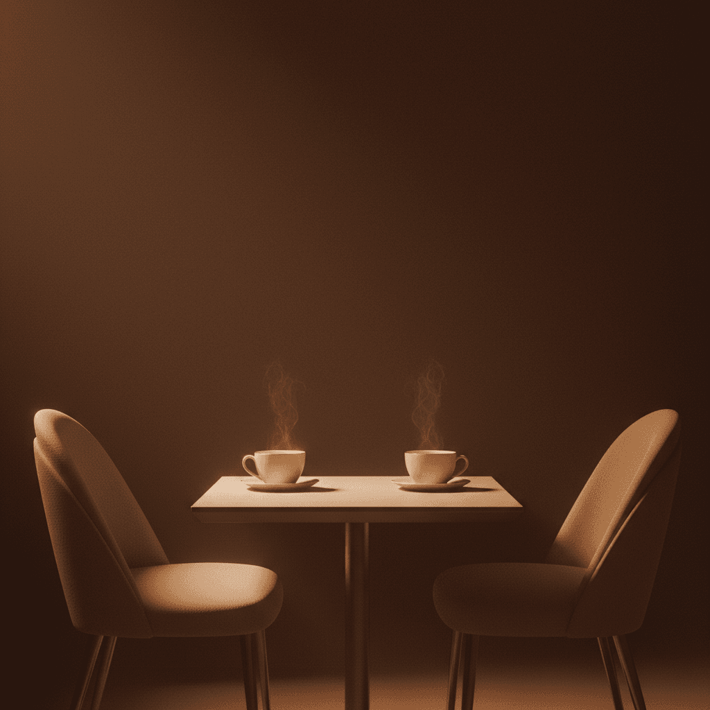 A small table set for two, two cups steaming under a low, warm light.